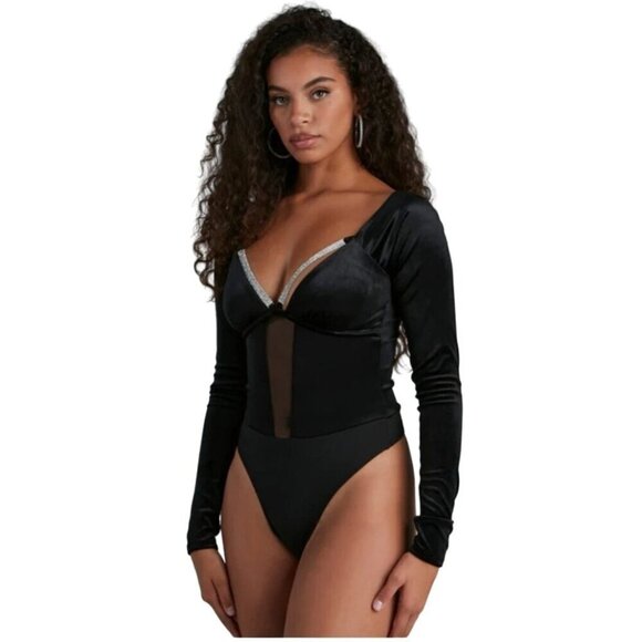NWT Windsor Womens Bodysuit Size L Rhinestone Long Sleeve Sparkle Embellished - Picture 1 of 12